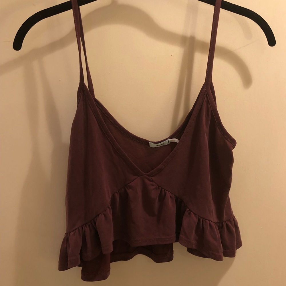 Kimchi Blue UO Ruffle Crop Tank Maroon Dark Rose